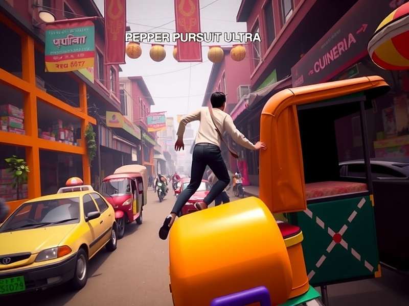 Pepper Pursuit Ultra gameplay showing a character jumping over a rickshaw in a busy Indian market